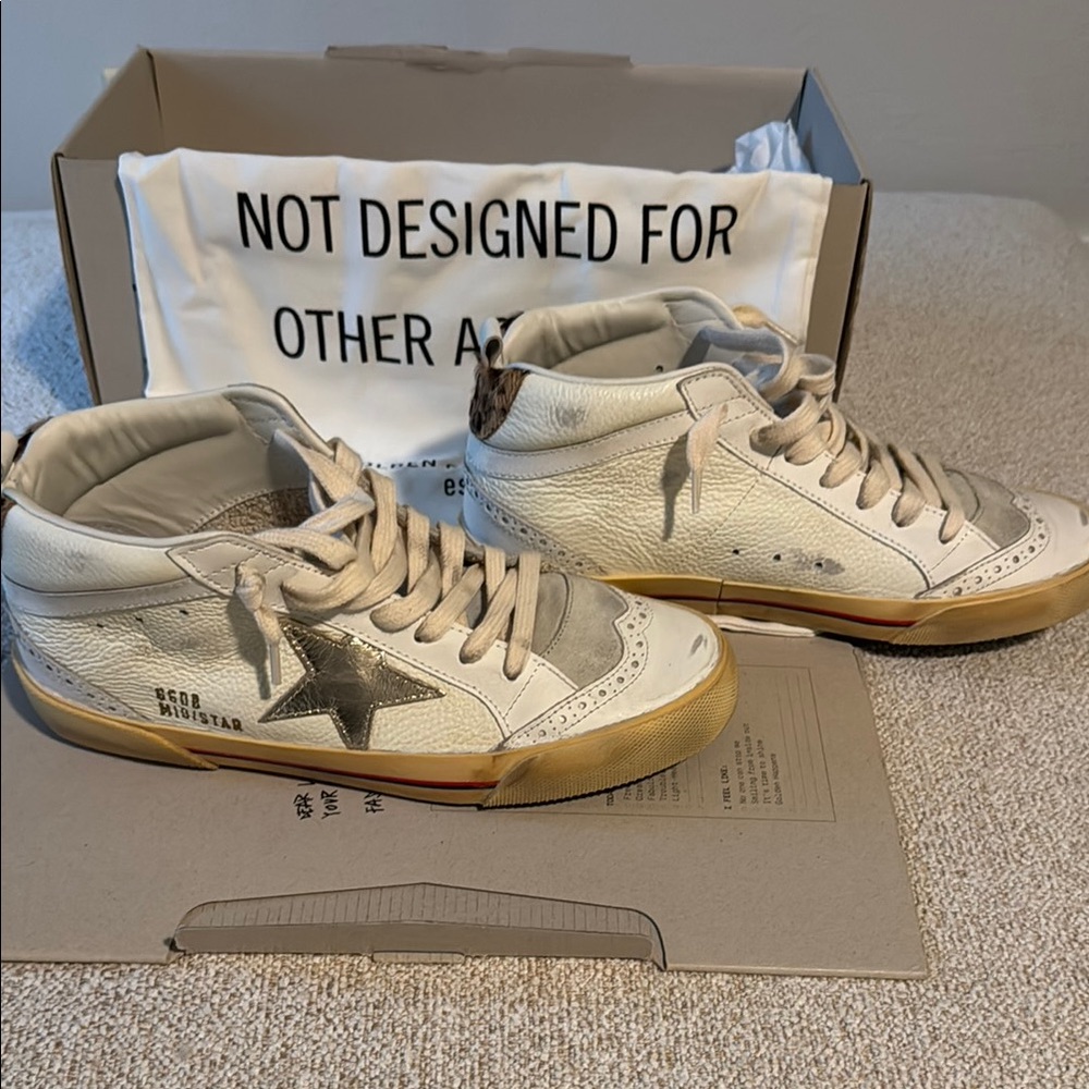 Golden Goose White and Gray with Leopard Accent Sneakers